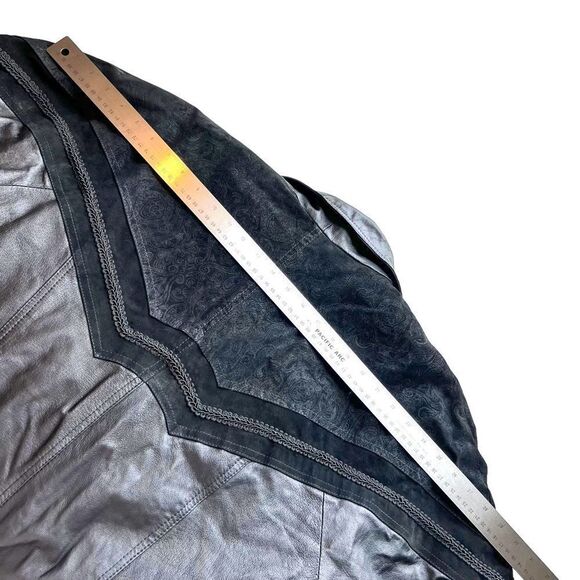 Vintage Greg Bell Leather 80’s Matrix Black Paisley Patchwork Long Trench Coat - Picture 12 of 16